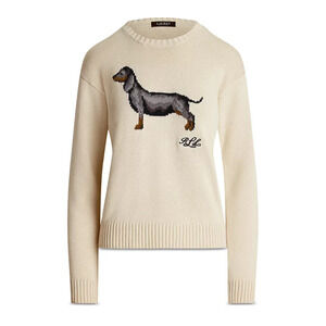 NWT Ralph Lauren Dachshund Dog 100% Cotton Knit LS Sweater Cream Womens L